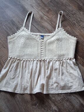 Crochet Trim Spaghetti Strap Tank Top - Cream